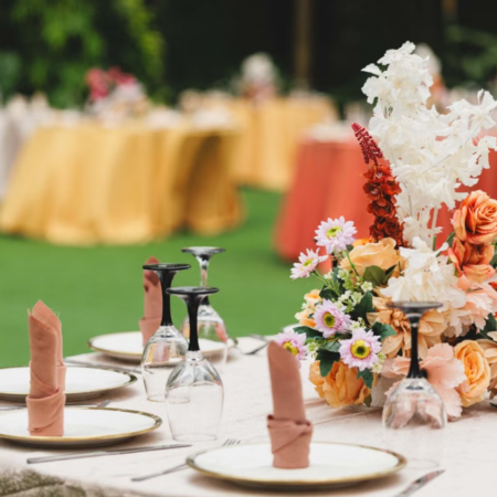 Warm-Orange Rustic-Style Outdoor Banquet Table Floral Arrangement Set