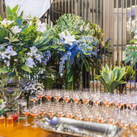 Tropical Blue-Green Themed Floral Decor for Cocktail Reception Beverage Stations
