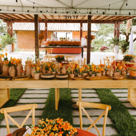 Warm-Orange Terracotta-Style Buffet Setup Template for Outdoor Tented Weddings and Celebrations