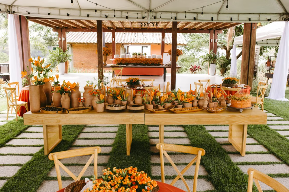 Warm-Orange Terracotta-Style Buffet Setup Template for Outdoor Tented Weddings and Celebrations