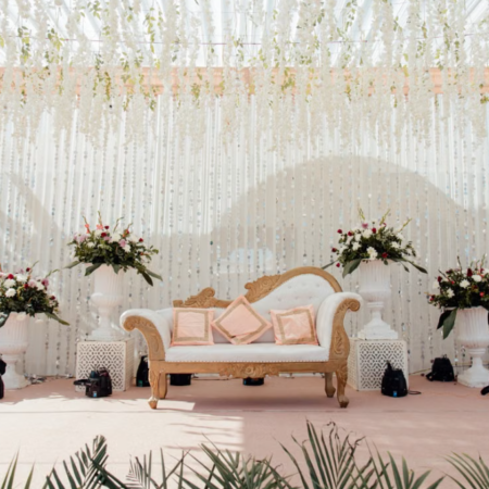 Affordable Luxury Wedding Ceremony Backdrop Template with White Drapes and Beaded Strands